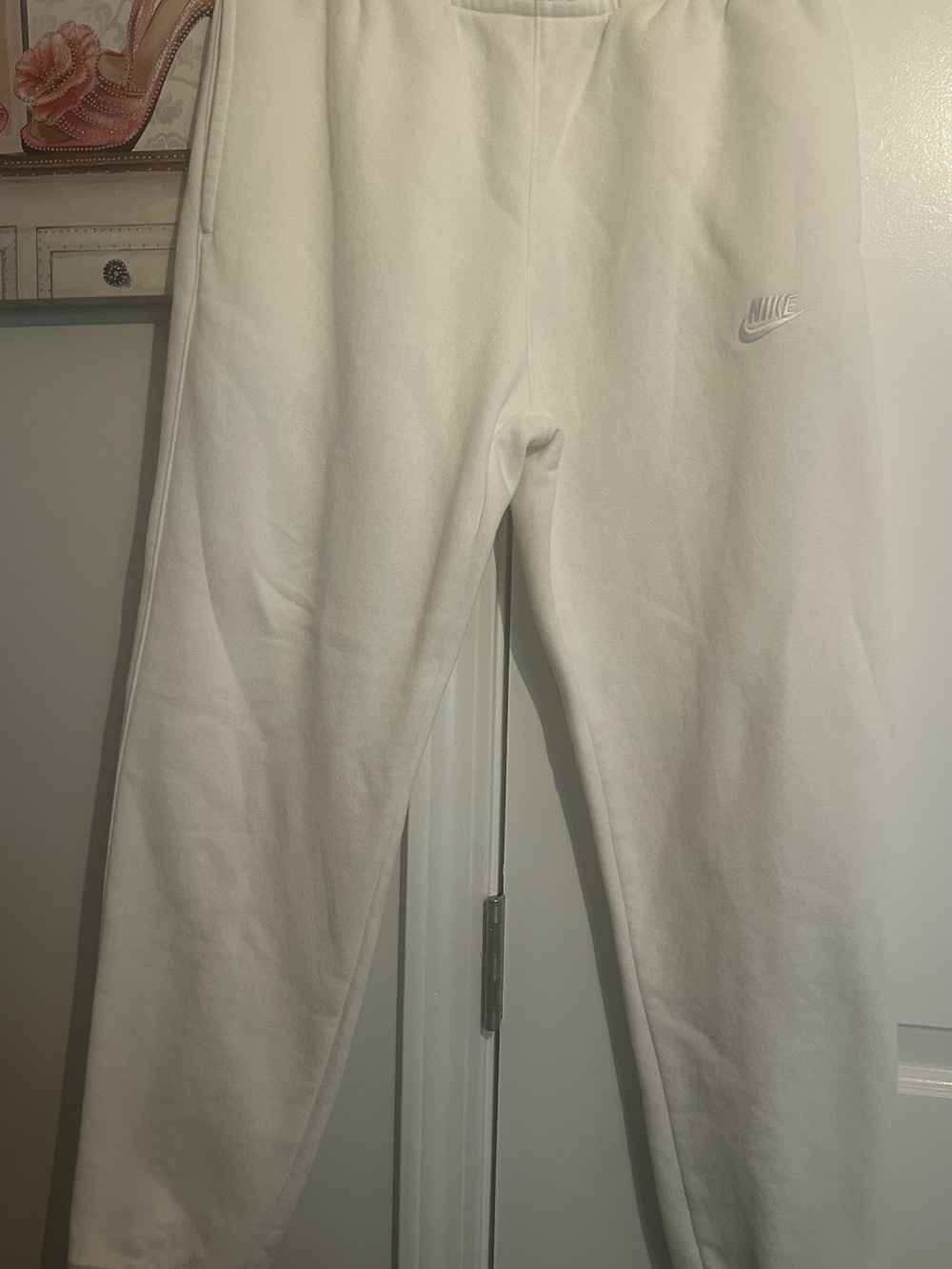 Nike White Fleece Sweatpants with Embroidered Swoosh